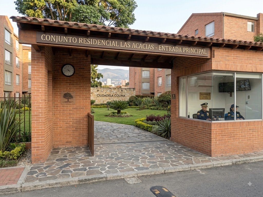Portería de un conjunto residencial real, con vigilantes atendiendo desde su puesto de control