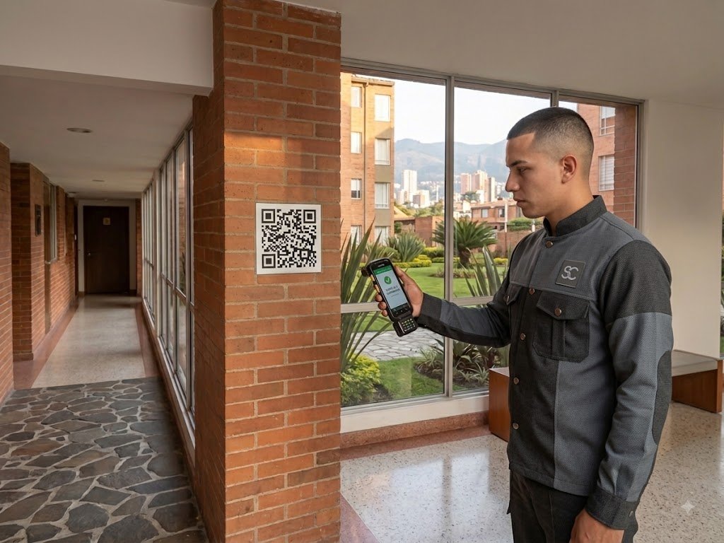 Vigilante registrando una ronda de seguridad con el celular y un código QR, usando Minutad